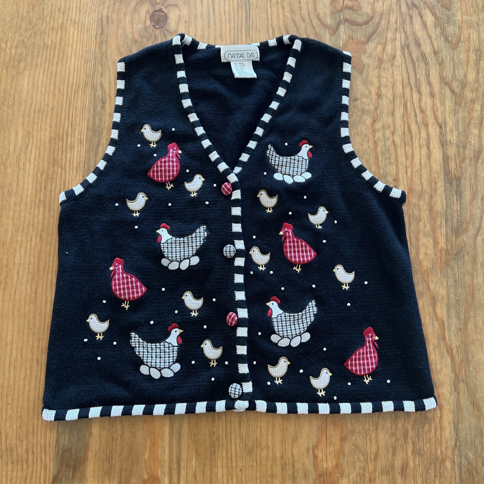 Mandal Bay Womens Size M Vintage Knitted Chicken Vest Black & White Chicks Eggs