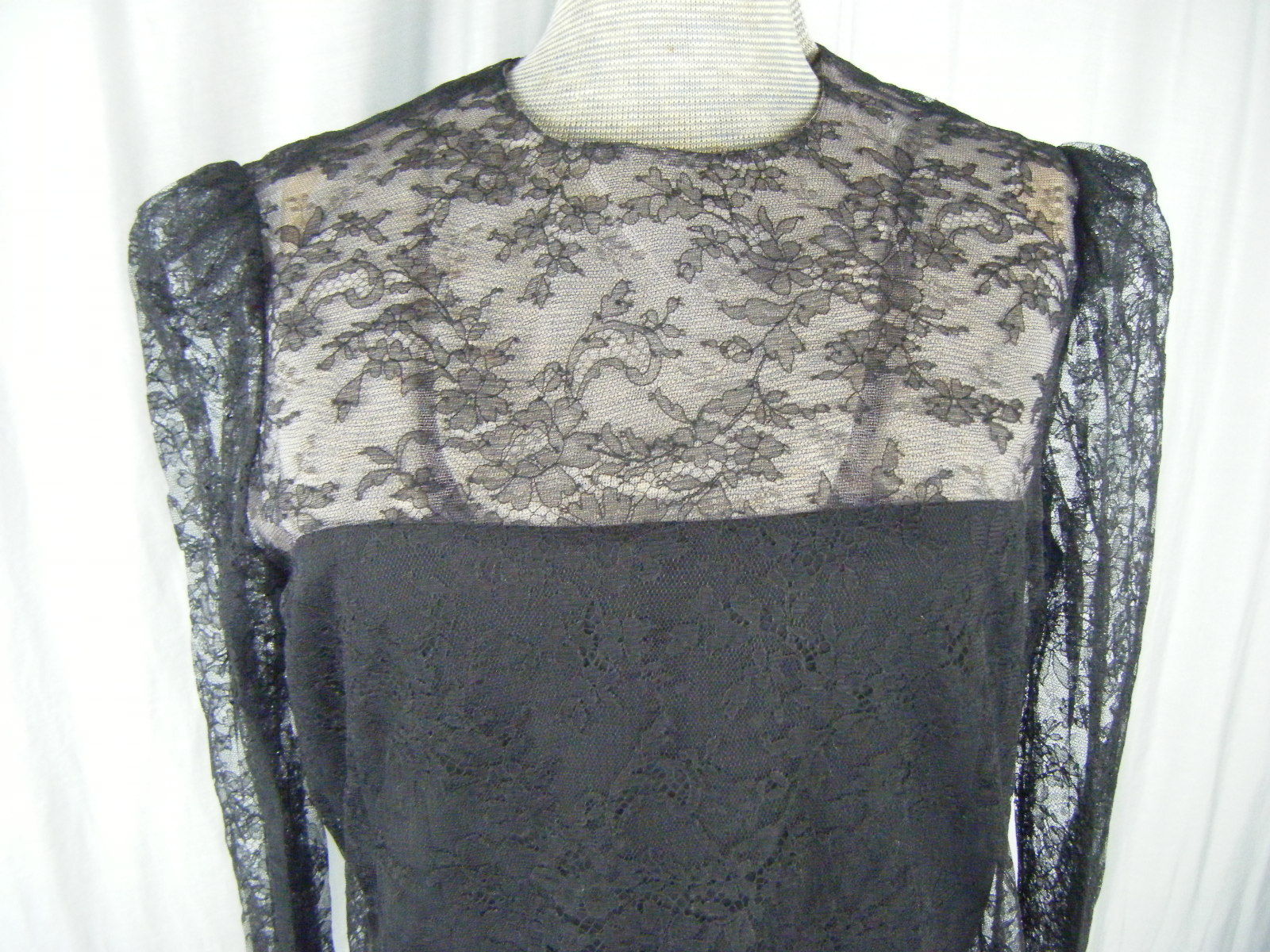 JILL RICHARDS Vtg 70s Black Illusion Ruffle Lace 20s Inspired Dress-Bust 39/M