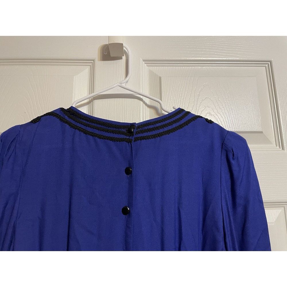 Vtg Sarah Elizabeth Sapphire Blue Long Dress Black Cord Detail Button Back Sz 12