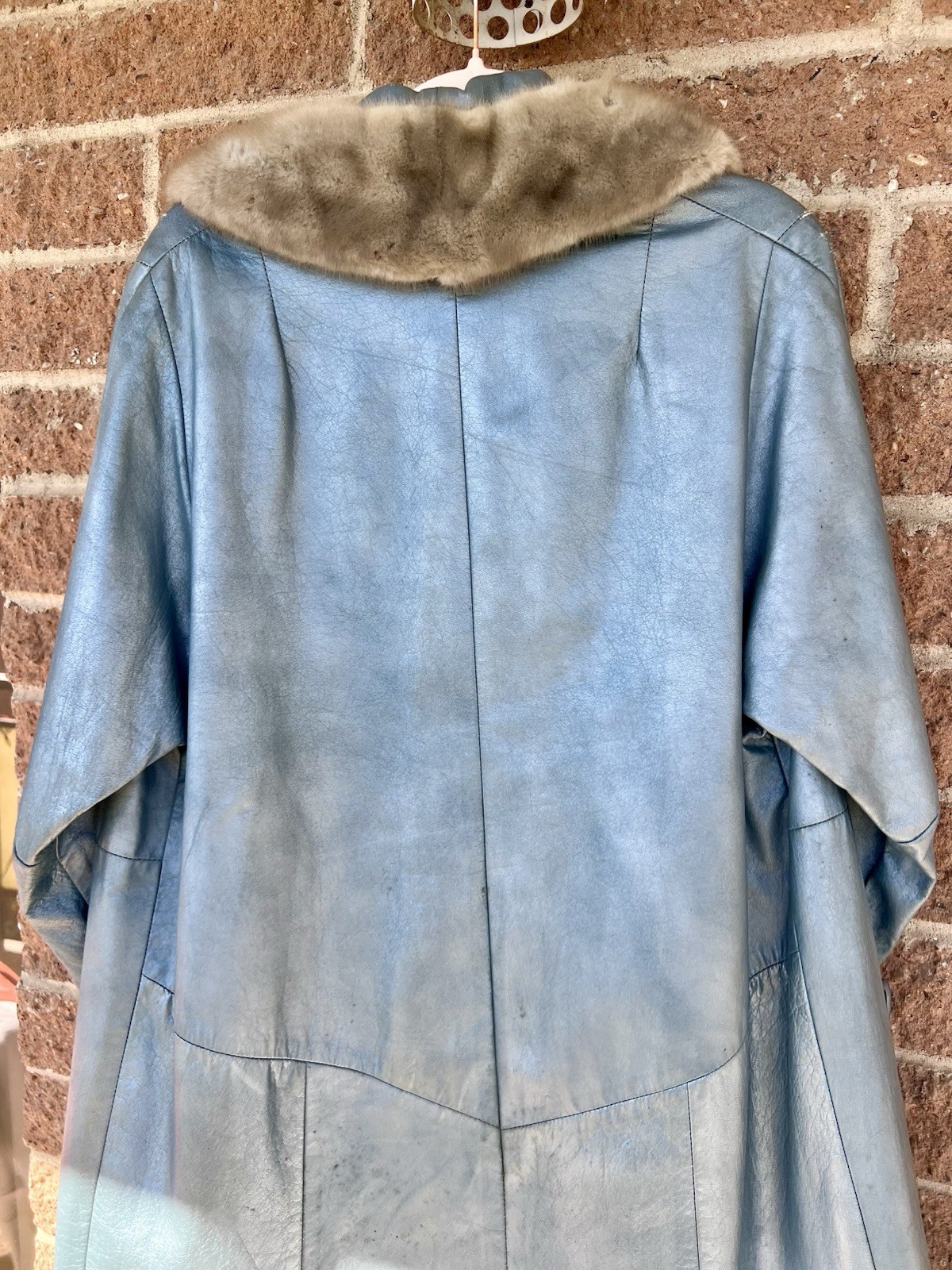 Vintage Shiny Blue Leather Coat w/ Fur Collar – No Lining or Brand, Still Sweet