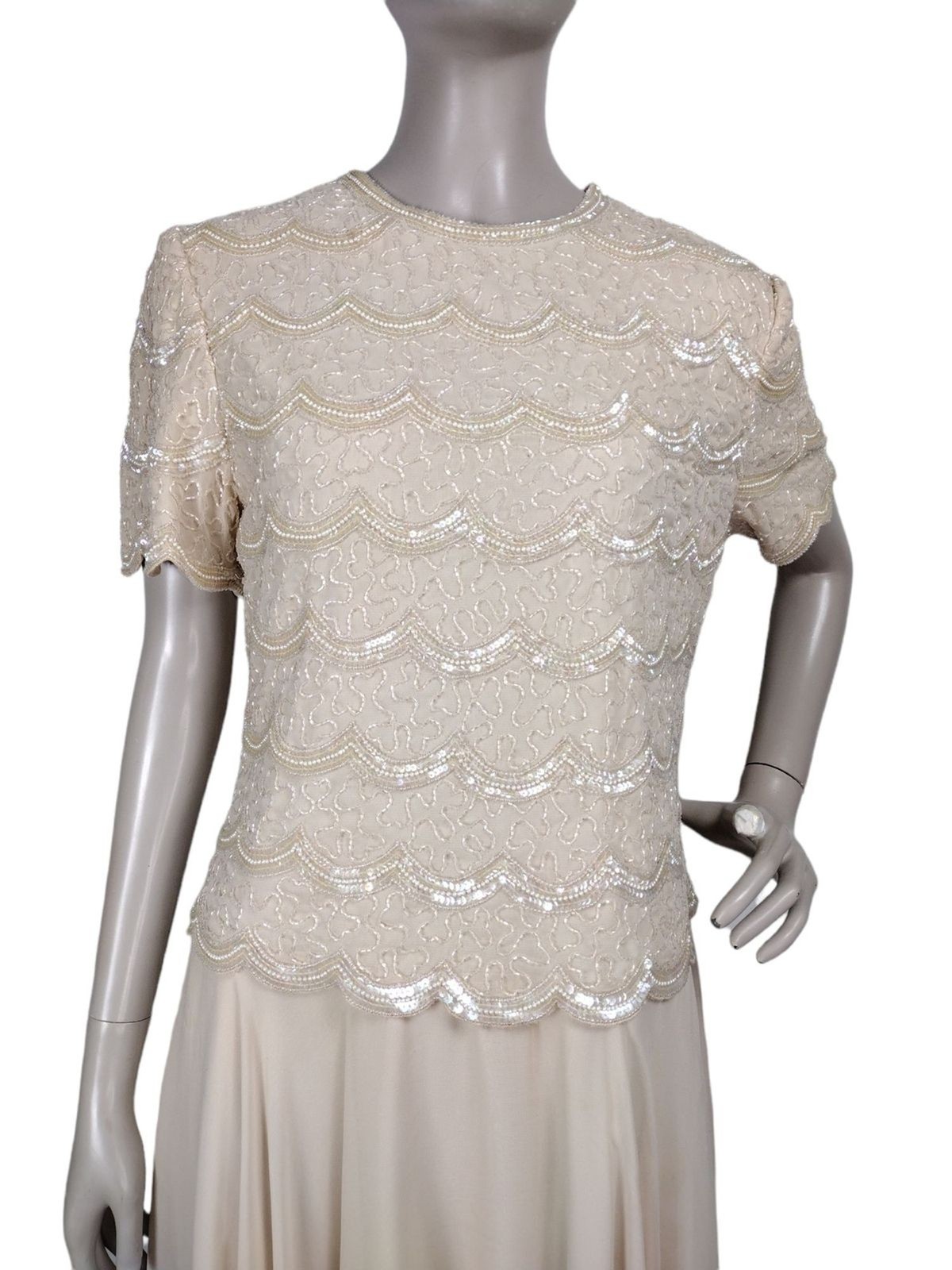 Vintage 80s 90s Creme Chiffon Tiered Scalloped Edge Beaded Sequined Dress India