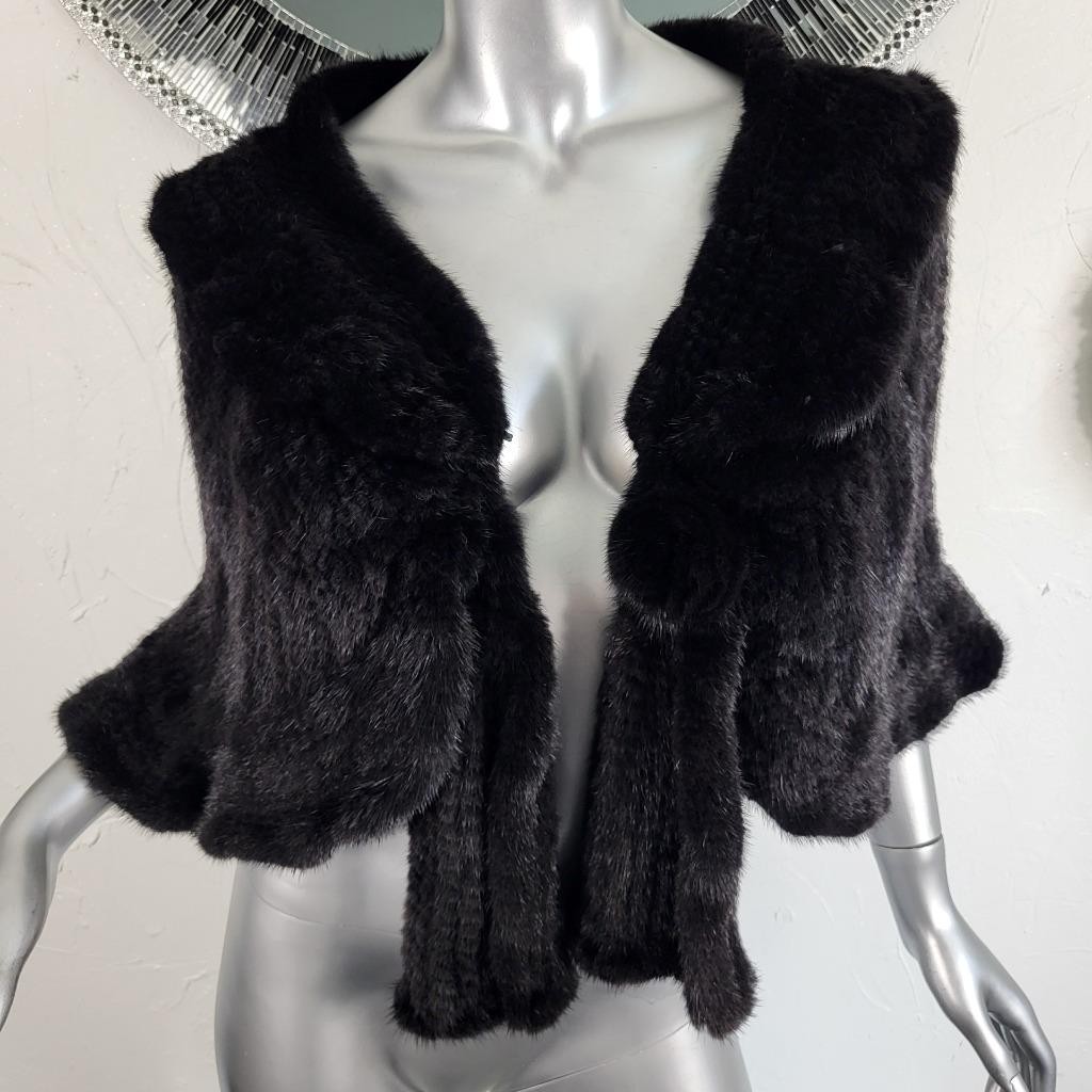 SAKOWITZ~S/M/L~VINTAGE BLACK KNITTED GENUINE REAL MINK FUR STOLE WRAP CAPE COAT