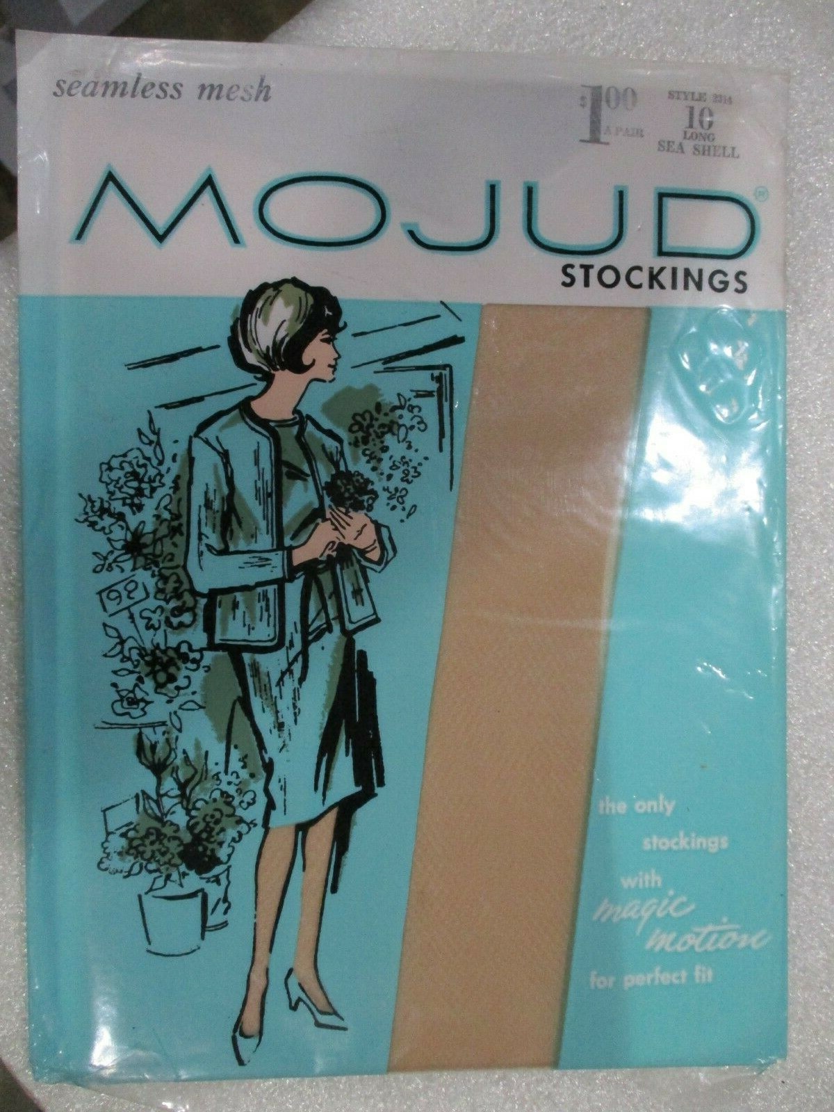 1 PR VINTAGE MOJUD RHT SHEER MICRO MESH NYLON STOCKINGS SIZE 10 LONG BEIGE