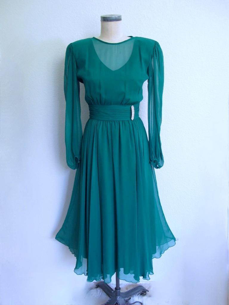 Vintage 70s Ann Hobbs for Cattiva Emerald Green Chiffon Evening Cocktail Dress M