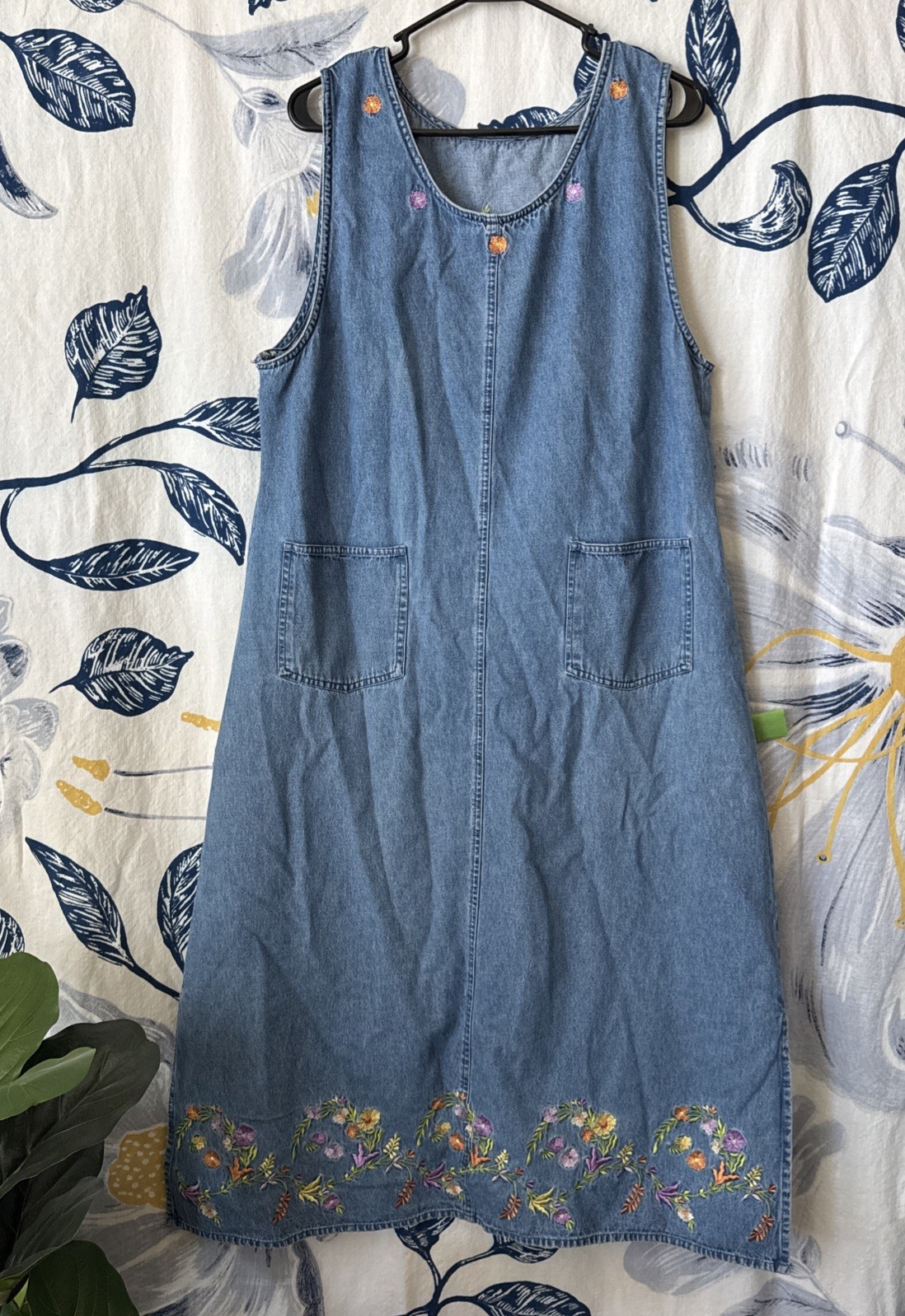 Vintage AGAPO Jumper Dress Blue Denim Embroidered Flowers Pockets 2XL Modest