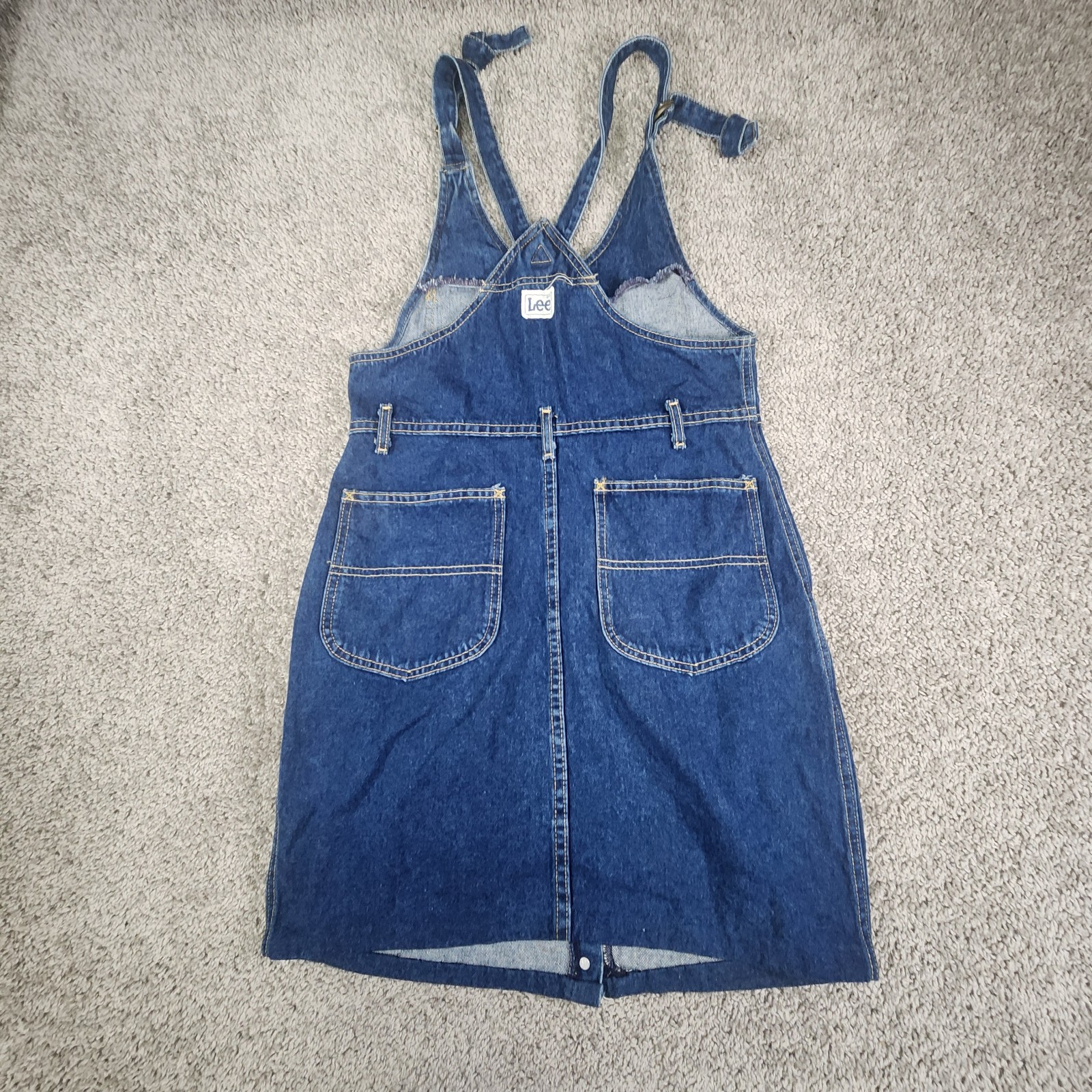 VTG Lee Denim Overall Dress Sz Medium 7/8 Dark Wash Button Front Bib USA 70s 80s