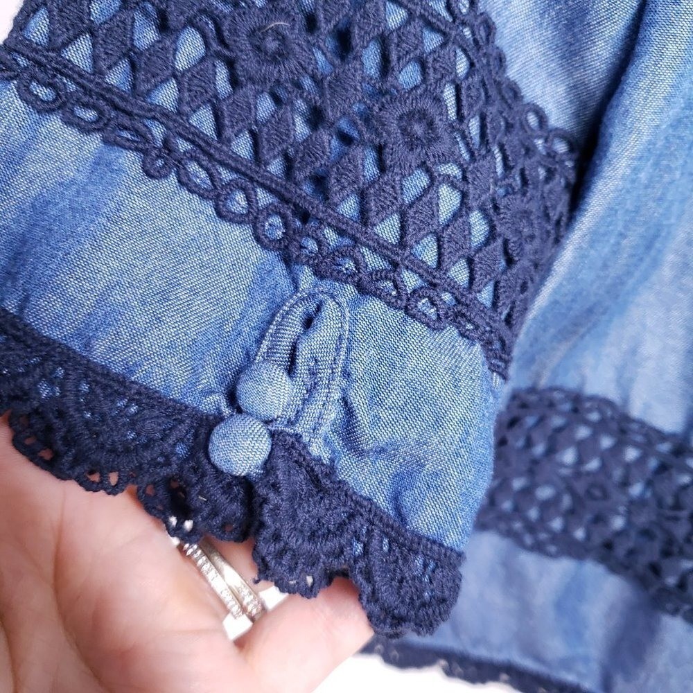 Nanette Lepore Tencel Victorian Blouse S Crochet Lace Neckline Blue Top Shirt