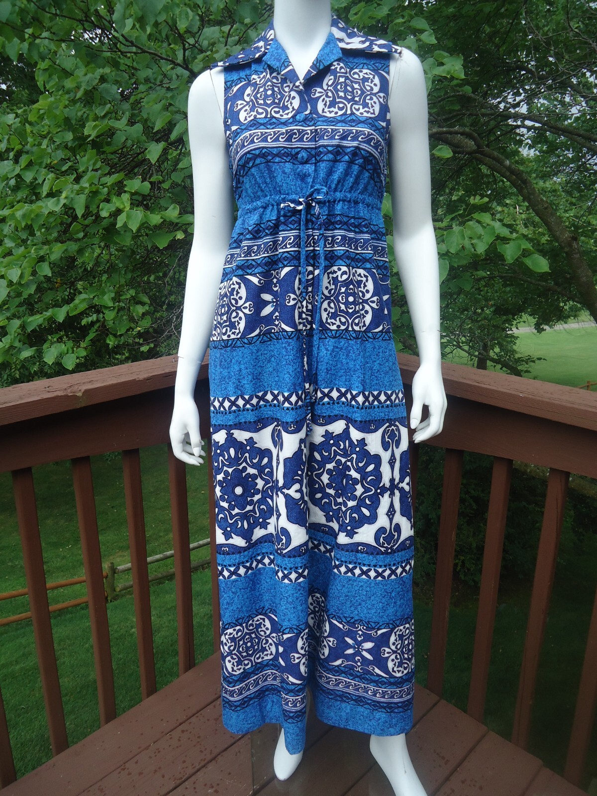 Penneys Hawaii VTG Small Barkcloth Maxi Dress Blue Tropical Sleeveless Collared