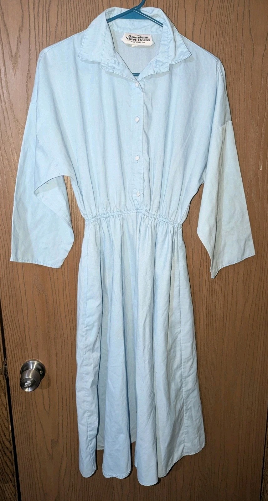 Vintage American Shirt Dress Womens Size 7/8 Light Sky Blue Button Front USA