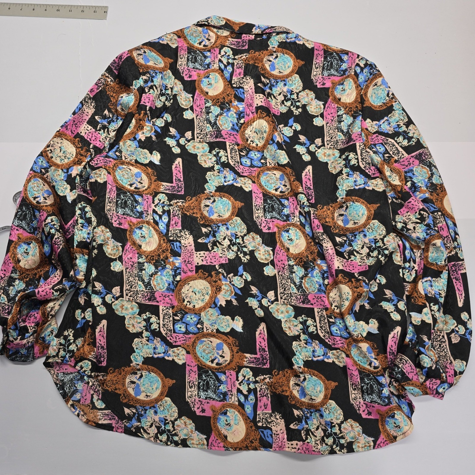 Lori of California Vintage 90s Baroque Floral Button Down Shirt Black Pink Blue
