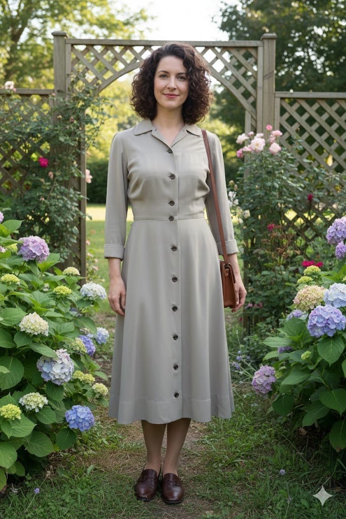 VINTAGE 40s 50s „NEW LOOK” NELLY DON GABURDINE KHAKIE BUTTON UP Dress 36b 26w