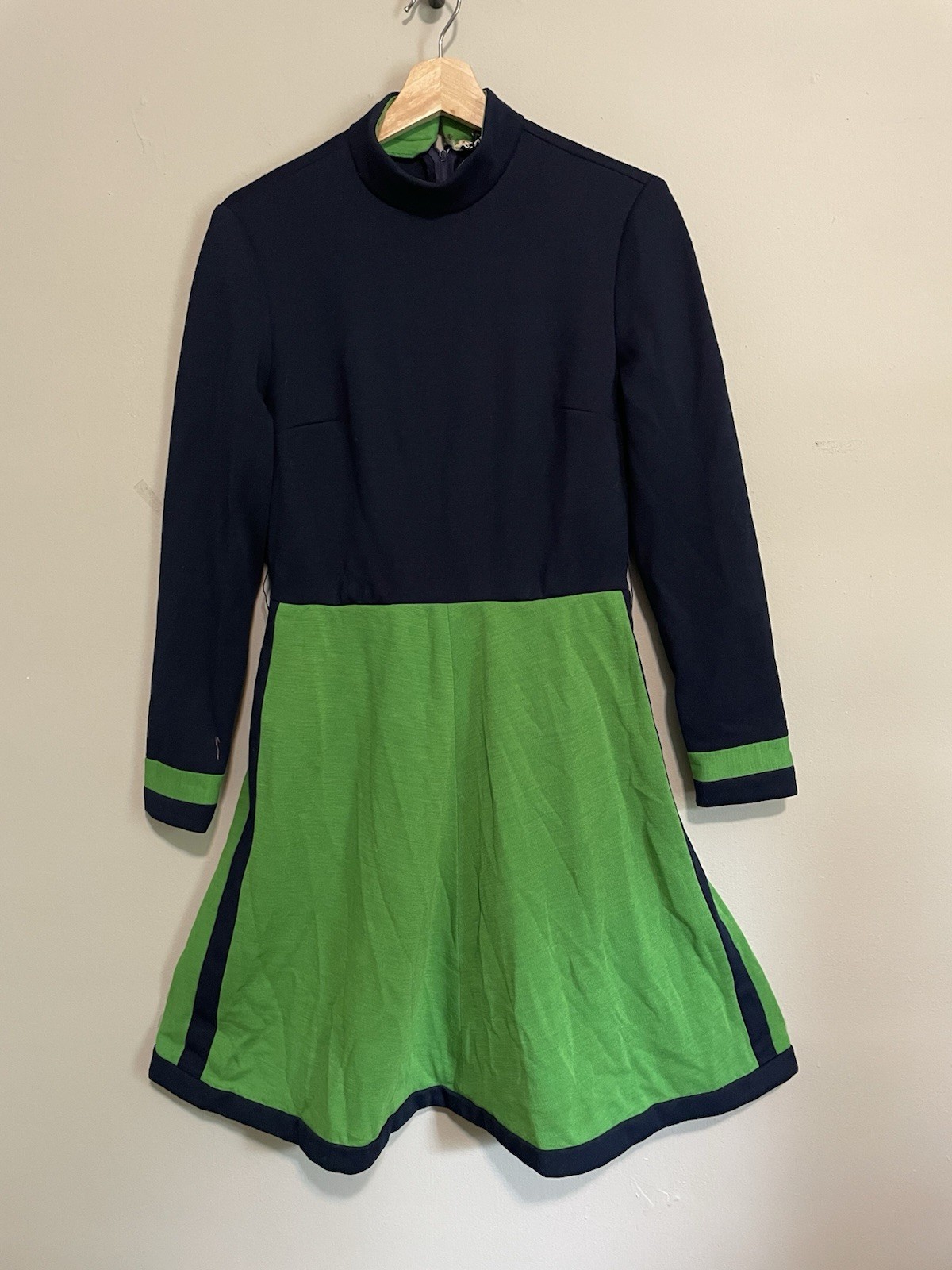 70s Pedestal Originals Dress Mod Navy Green Long Sleeve Mini Stripe Side Mock S