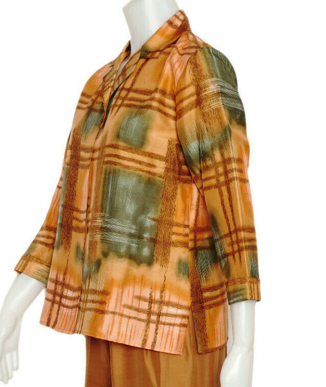 Retro Silk Blouse and Pant Set, Gold and Olive Green Print 2 Piece Size 6