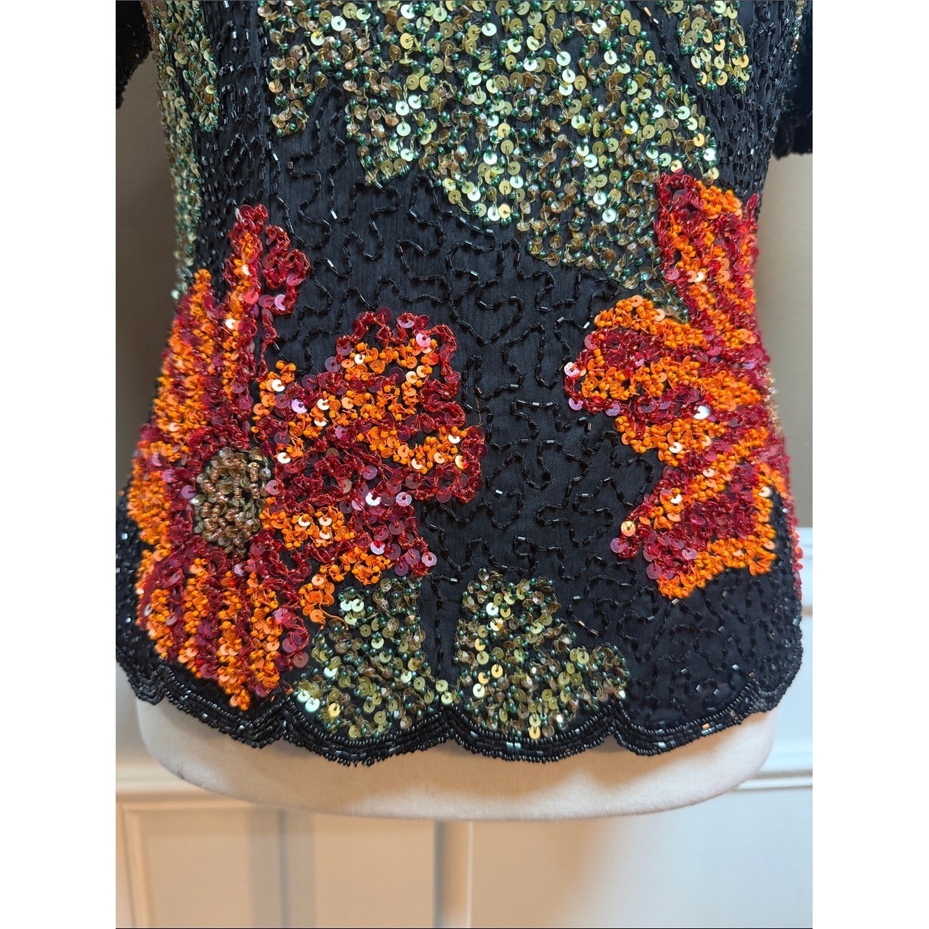 Vintage Silk Beaded Floral Top Black Sequin Scalloped Fitted M