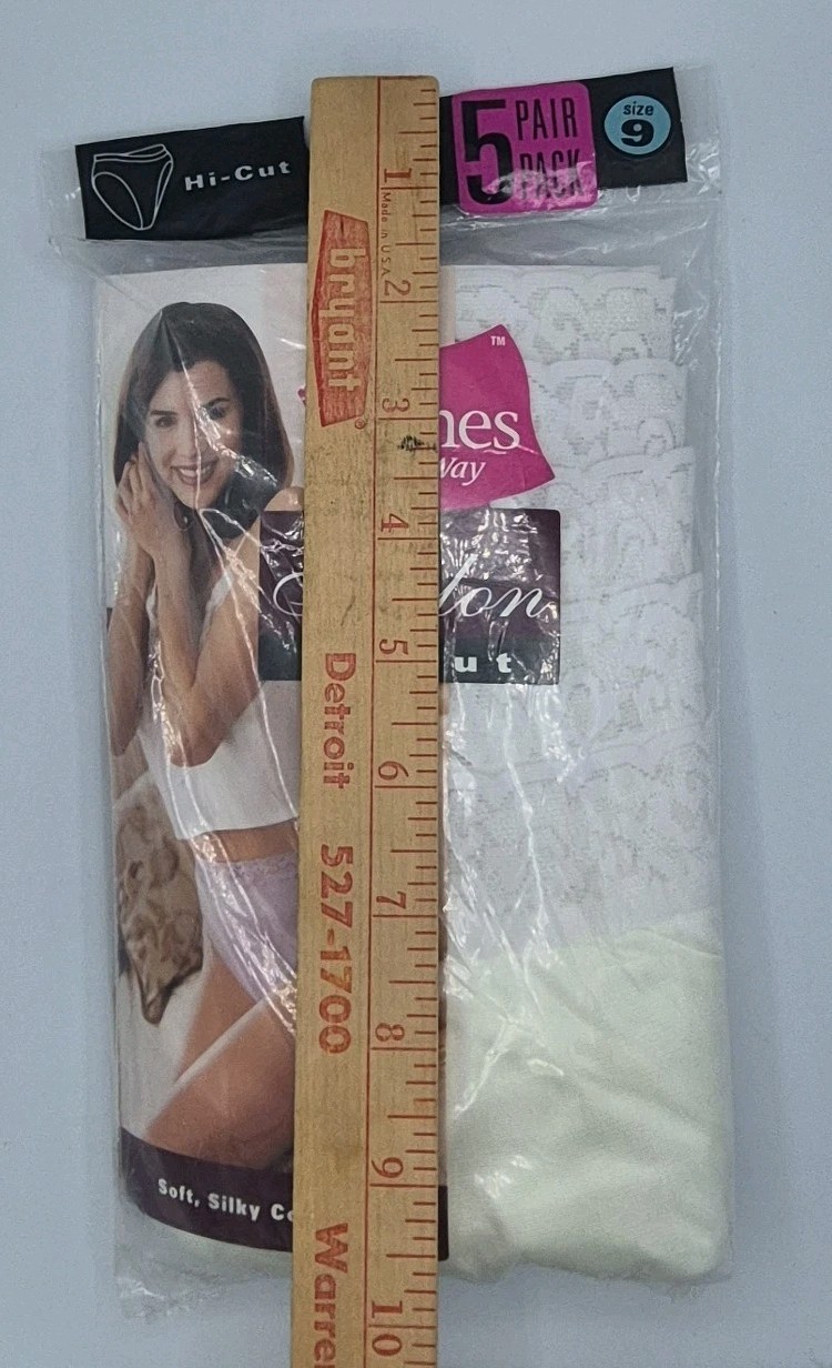 NEW VTG 99′ 5-Pack White Hanes Her Way 100% Nylon HI-CUT Lacey Top Panties Sz 9