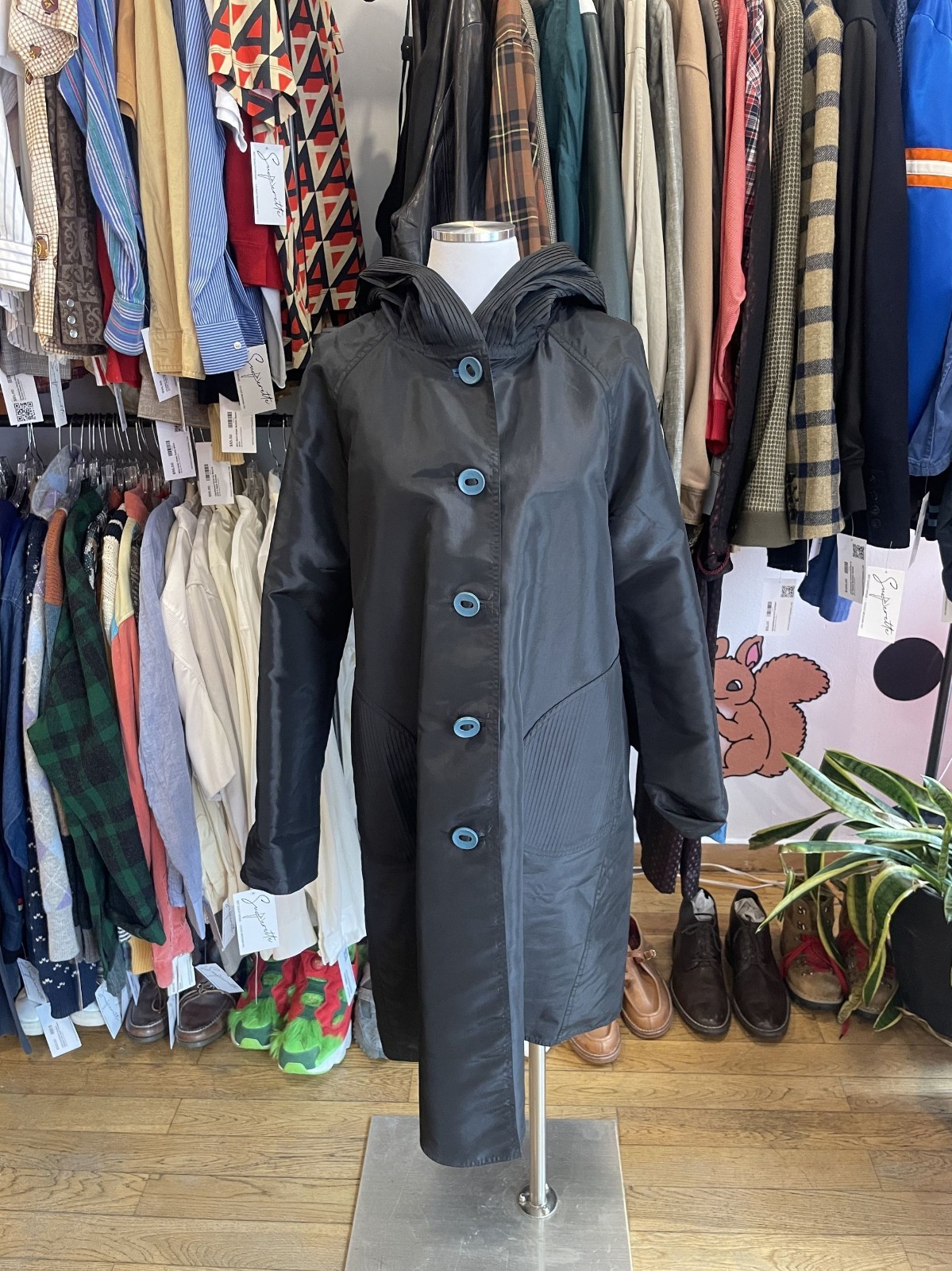 *Reversible* Blue and Black Windbreaker material long trench with pleated hood—M