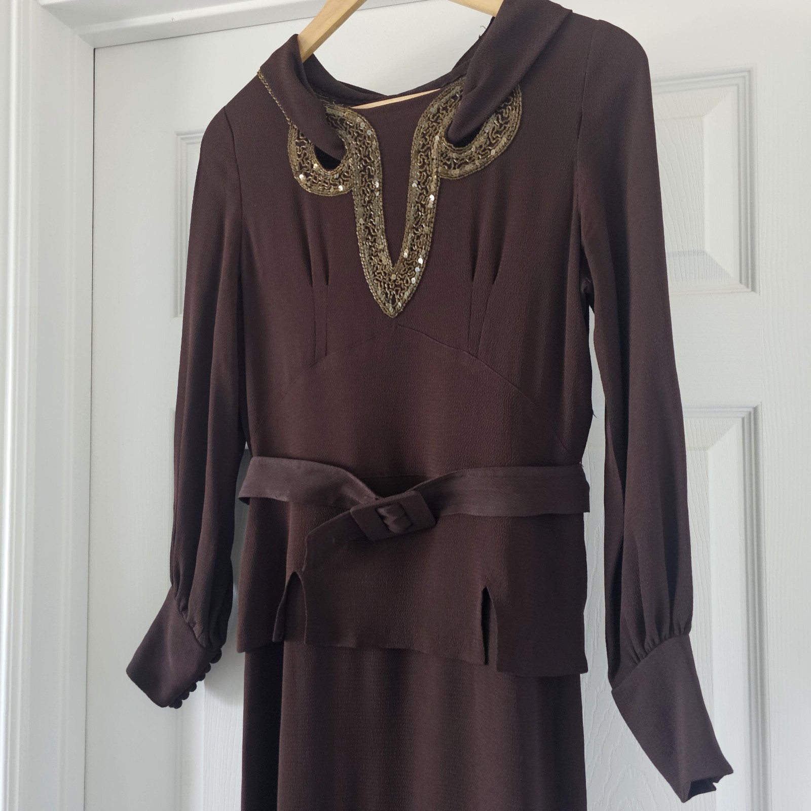 1930s Vintage Blue Eagle Brown Rayon Crepe Peplum Gold Beaded Dress Belt Set #90