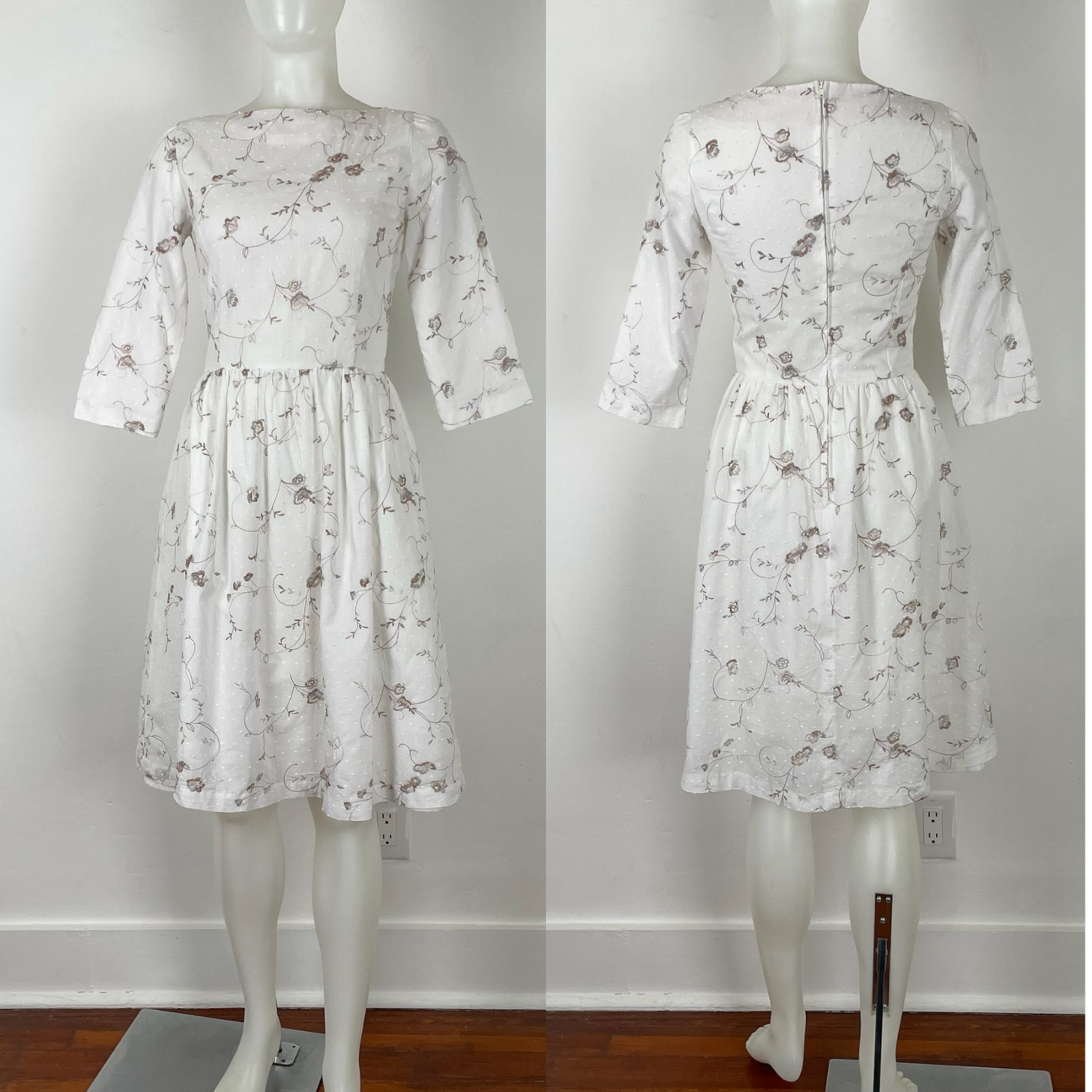 VTG 60s Tea Dress White Swiss Dot Embroidered Floral Classic Cotton Lined S/XS