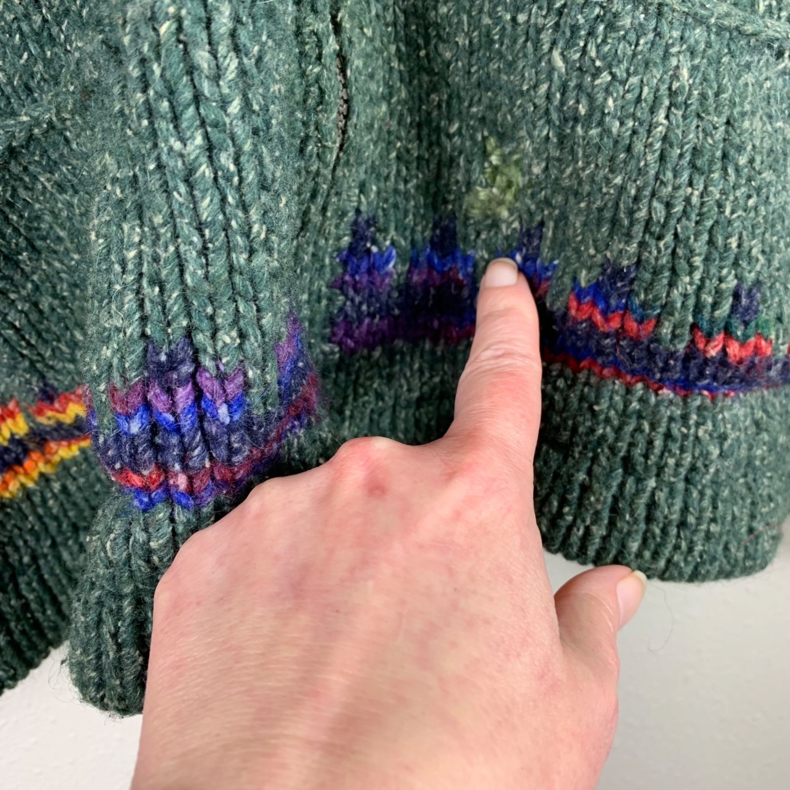 VTG 80s Inti Raymi Artisans Andean Wool Knit Jacket Green L Boho Folk Handmade
