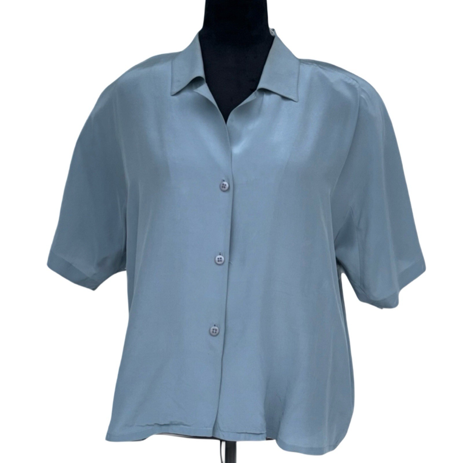 Vintage Linda Allard For Ellen Tracy Blue Silk Short Sleeve Blouse Sz 14
