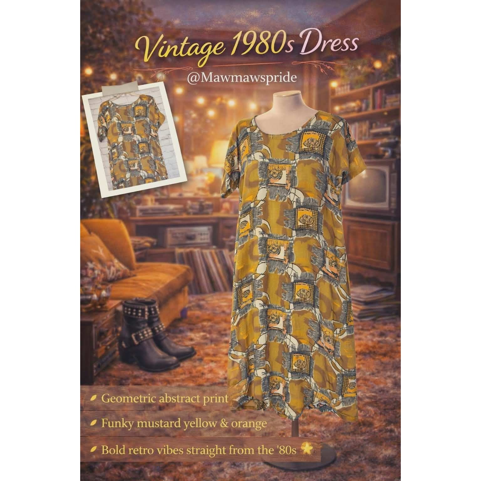 Vintage 1980s Abstract Geometric Print Shift Dress Mustard Yellow Orange Retro S