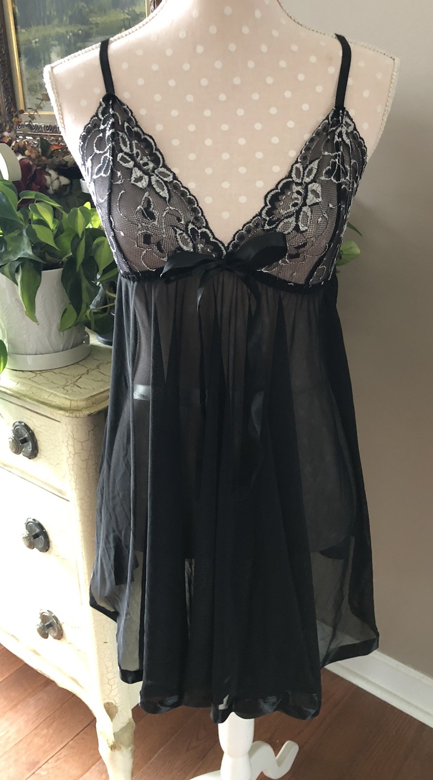 Black Babydoll Nightie Nightgown Sexy Full Sweep Skirt W/Silver Accents Size 3XL