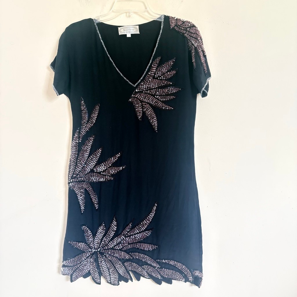 Beyond Vintage Silk Beaded Leaf Mini Dress Black XS Style 347