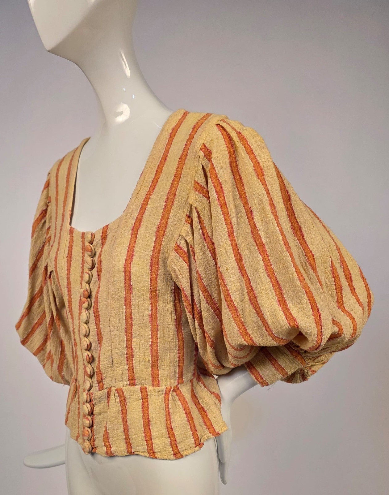 VINTAGE 1970’S STRIPED MUSLIN BLOUSE W PUFF FULL PUFF SLEEVES