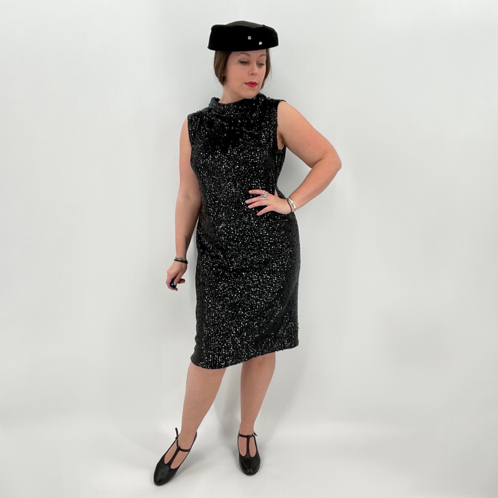 Vintage Valentina 60s Black Wool Sequin Sleeveless Shift Dress | Size L/XL