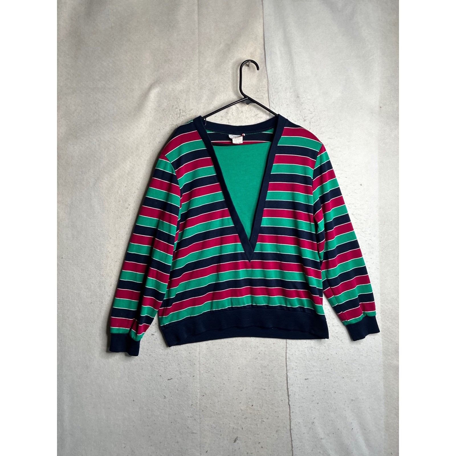 Vintage American Collection Striped V-Neck Pullover Top Green Navy Pink XL USA