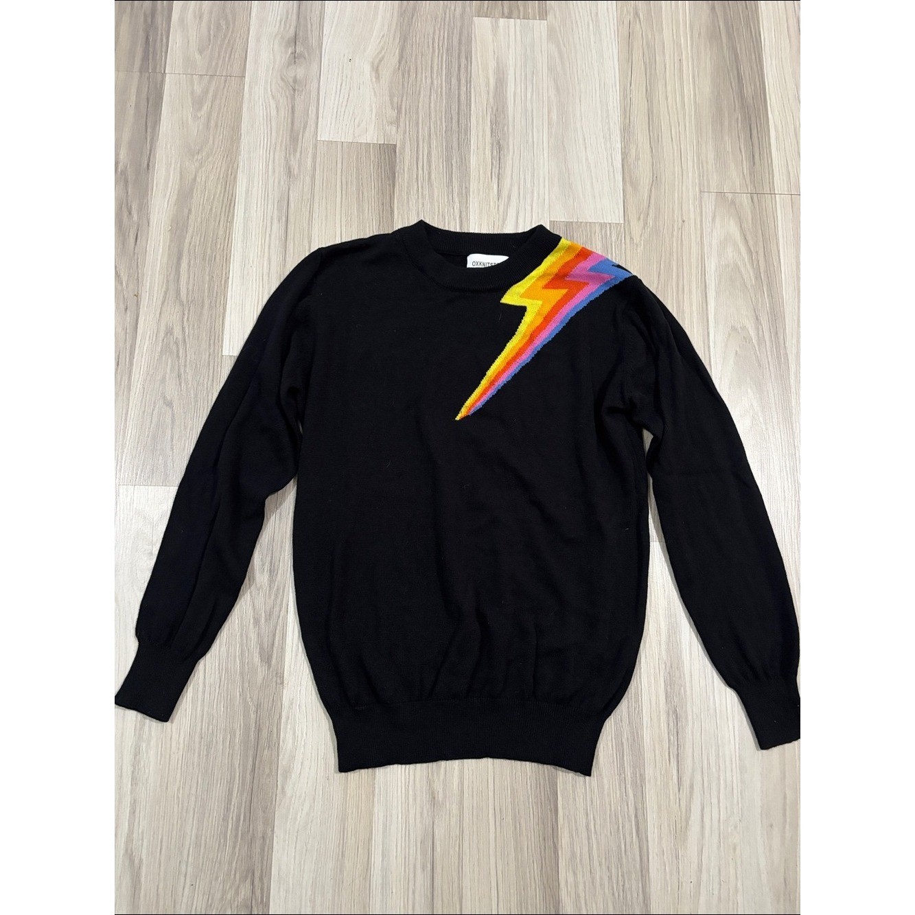 Oxknit Store Black Lighthing Bolt Retro 60’s Mod Style Knit Black Sweater Size S