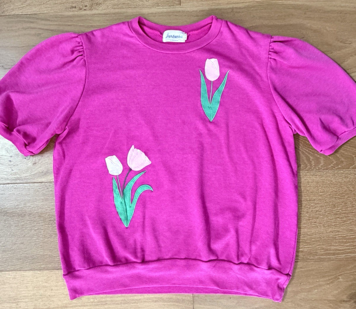VTG 80s Funtasia Puff Short Sleeve Hot Pink Tulip Applique Sweatshirt Womens XS
