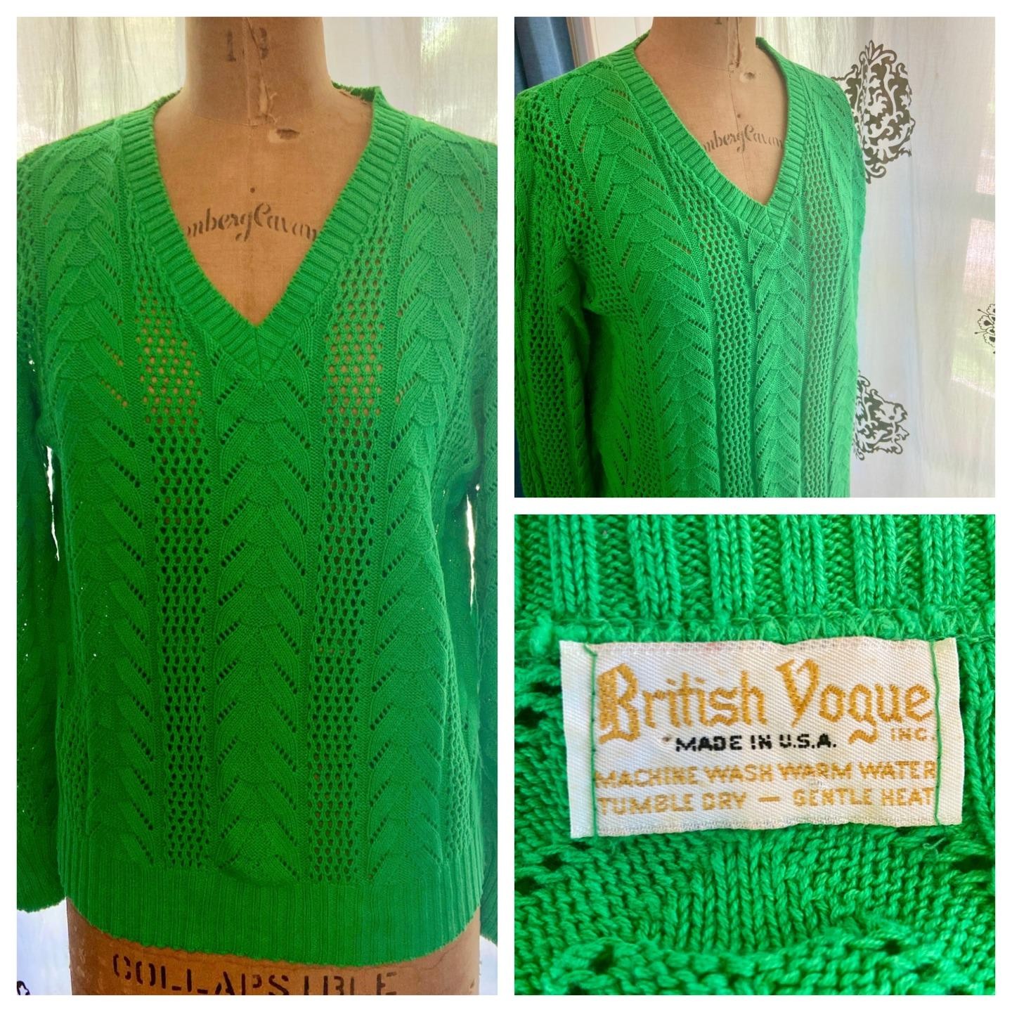 Vintage 60s BRITISH VOGUE Mod Green Openwork Cable Crochet Sweater Cottagecore M