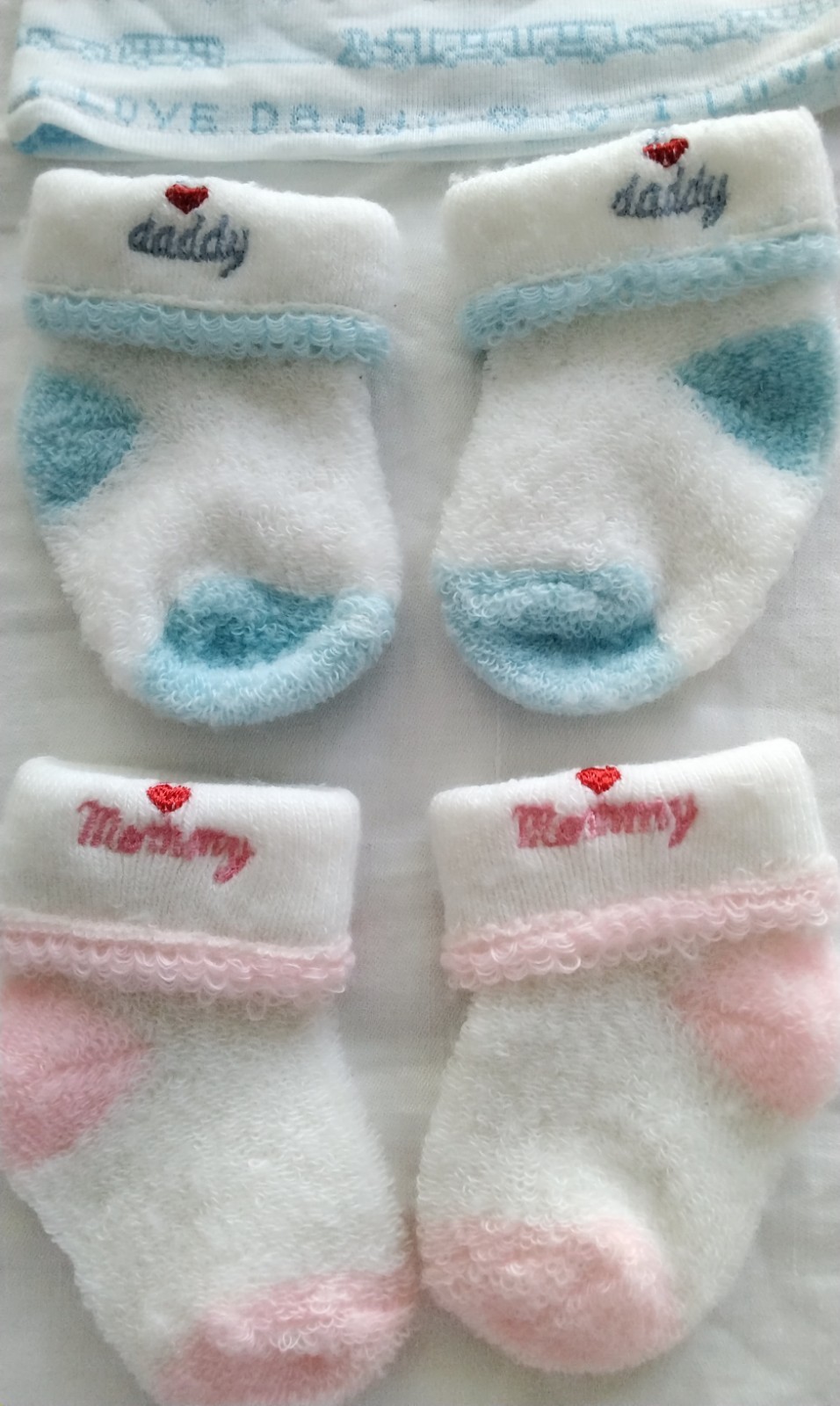1970’s Baby Booties Pink „Love Mommy” & Blue „Love Daddy” & I Love Daddy Shirt