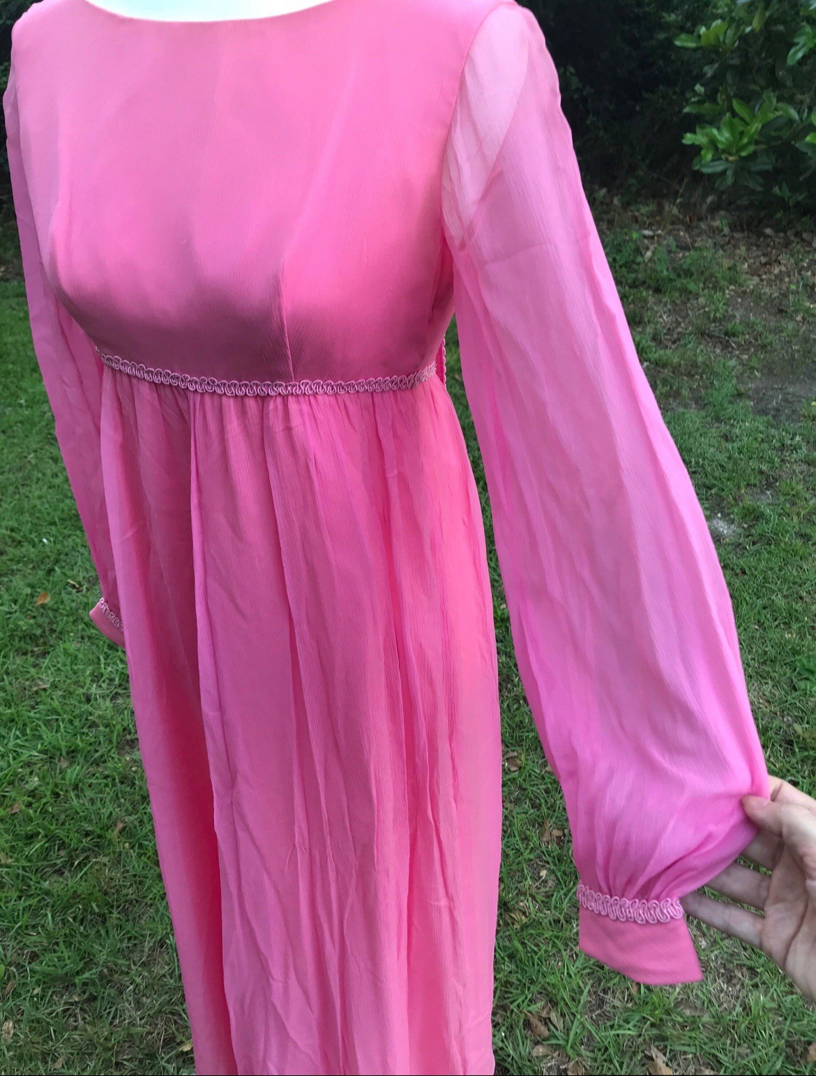 VTG Pink Gown by Lorrie Deb Sheer Sleeves. Empire Waist, Low Back w Bow Train