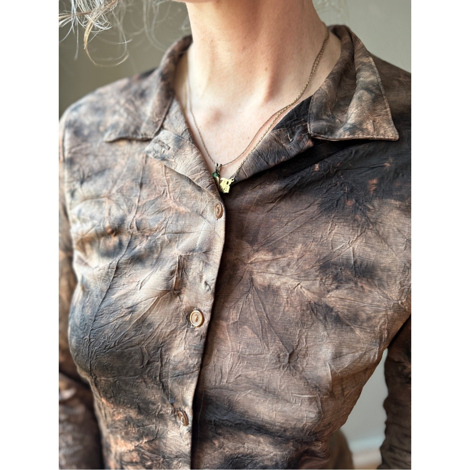Vintage 90s Tie Dye Button Up Top | Brown Abstract Blouse | Y2K Grunge Fairy | S