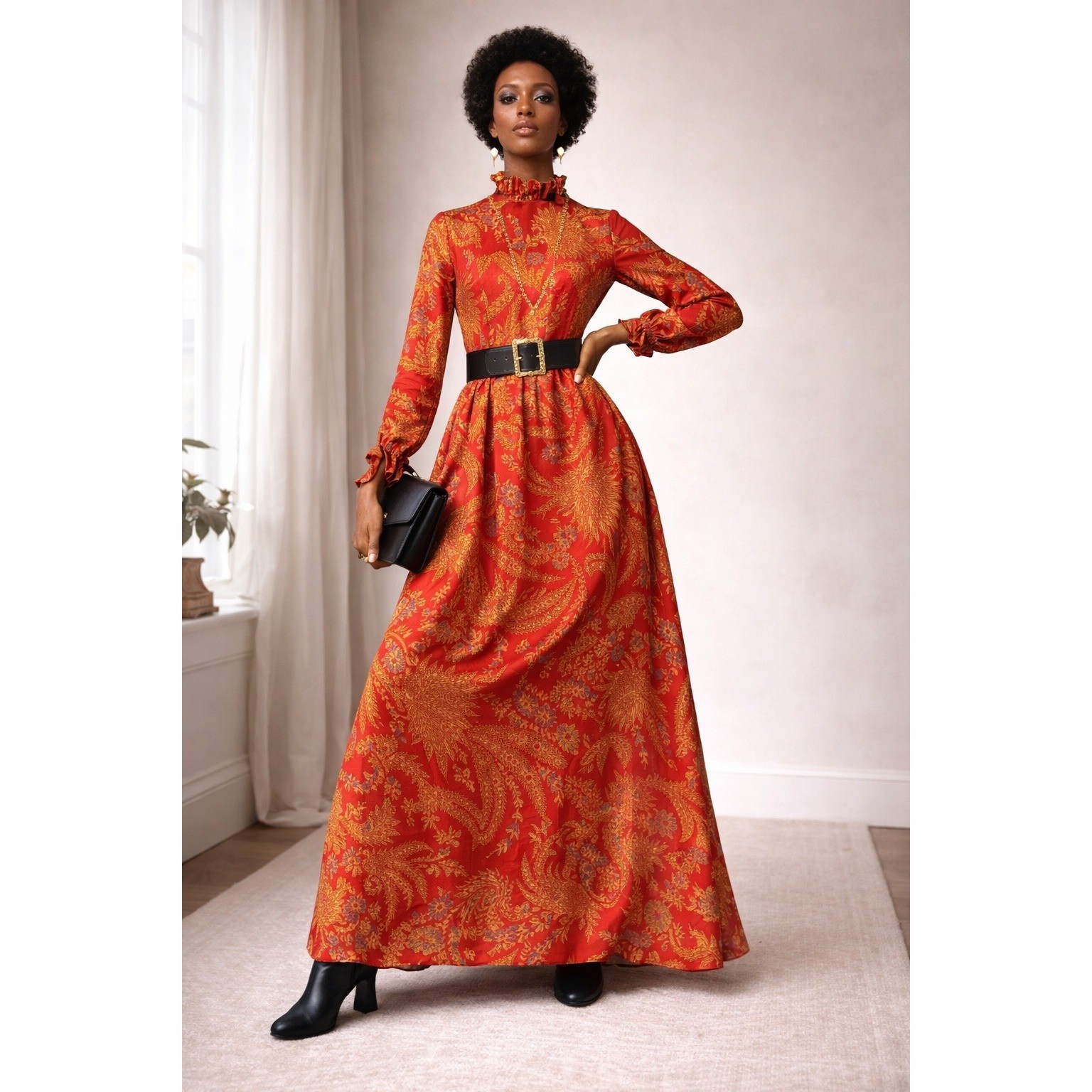 Mollie Parnis Vintage 60s Gown Red Gold Brocade Maxi Dress Small Ruffle Neck