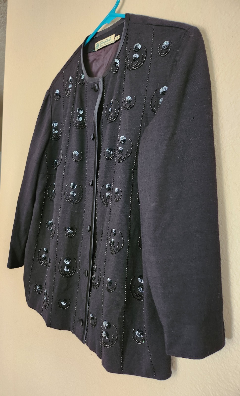 Vintage Gino Paoli Sweater Beaded Black Wool Button Up Knit 3/4 Sleeve Lined