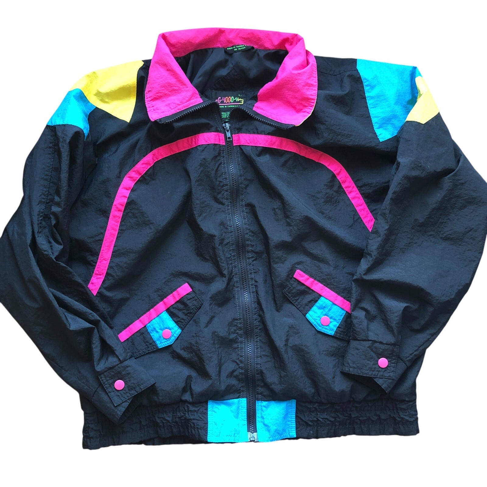 Vintage G-4000 Track Jacket Large Black Neon Pink Blue Yellow 1980s Warm Up