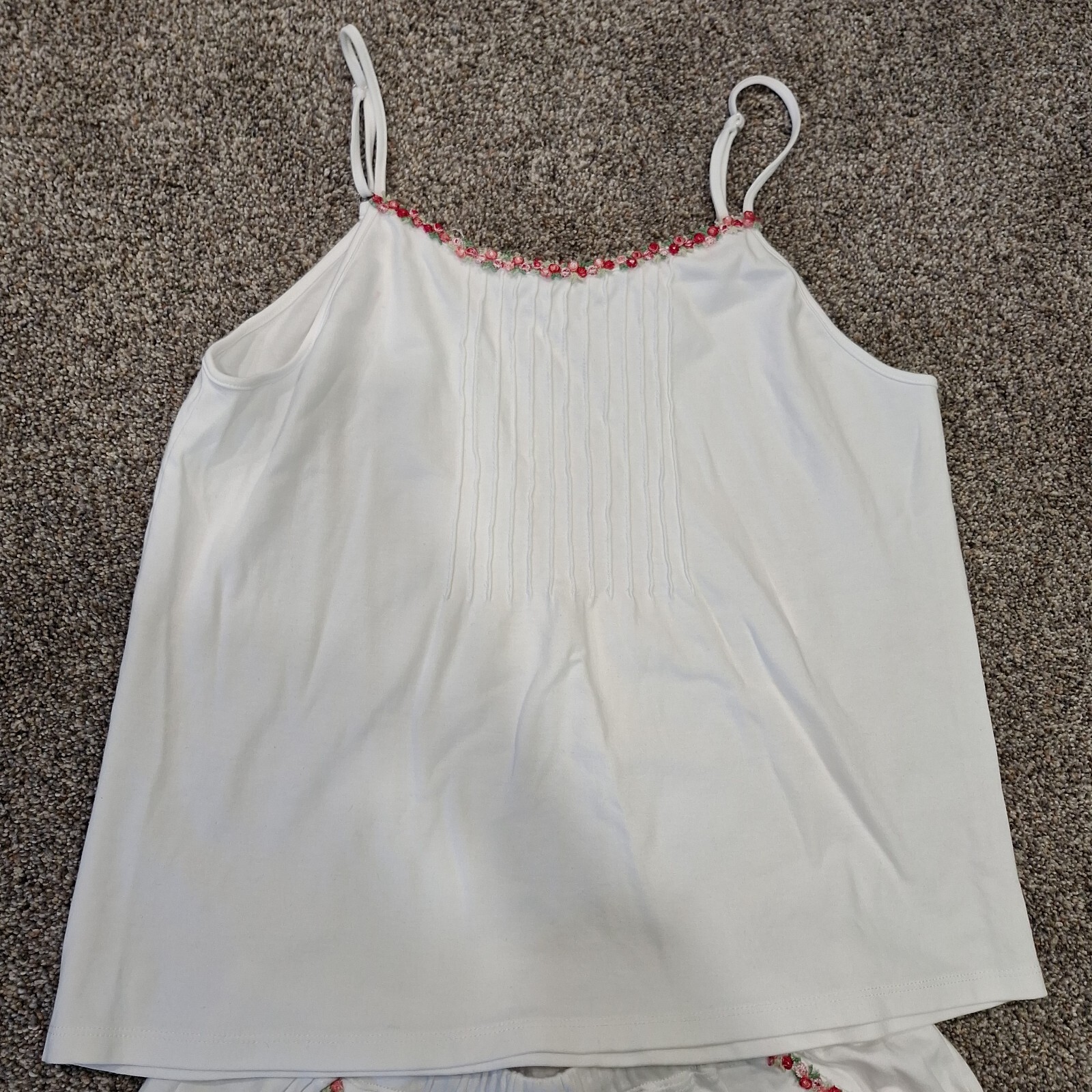 COTN Women Pajama Set White Cotton Shorts Tank Dainty Rose Embroidery Girly Sz L