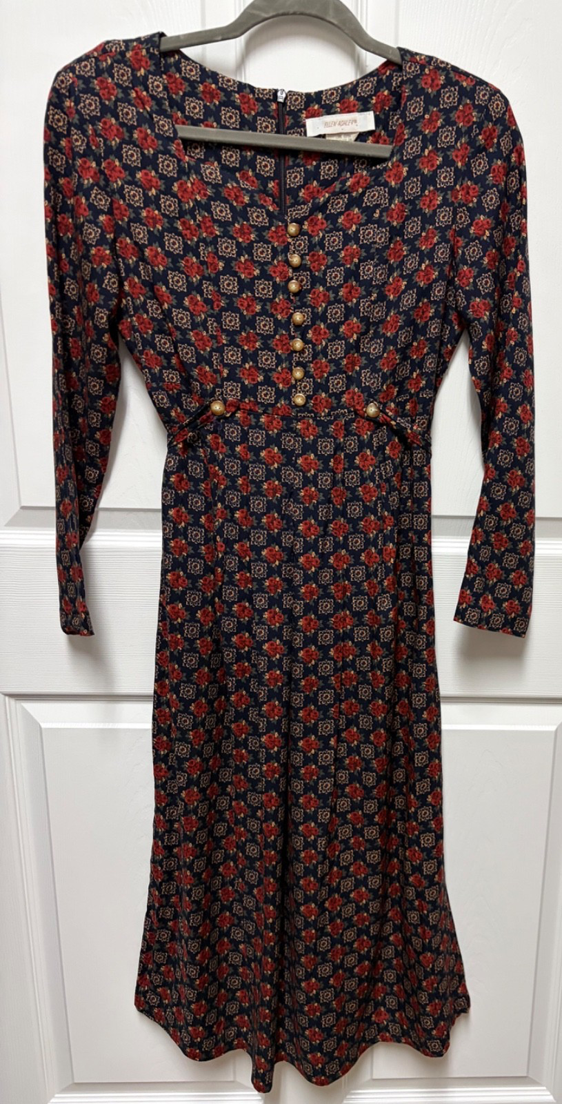 vtg 90s Ellen Ashley Dress size S black floral print Midi sweetheart neckline EC