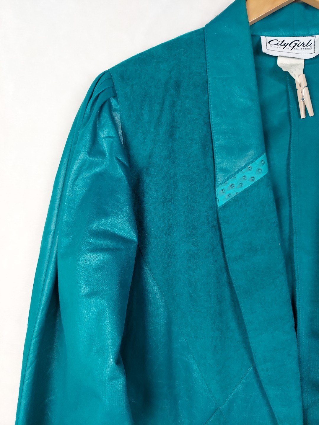 Vintage City Girl Blazer Jacket Womens 10 Teal Green Shoulder Pads Pockets Rodeo