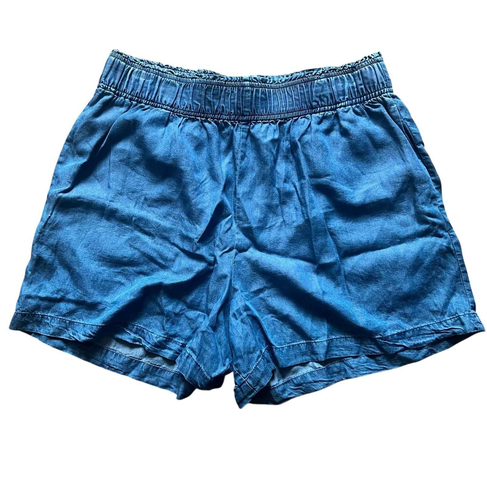 Ellandemm Tencel Denim Two Piece Set Blue Puff Sleeve Crop Top Shorts XL 2XL