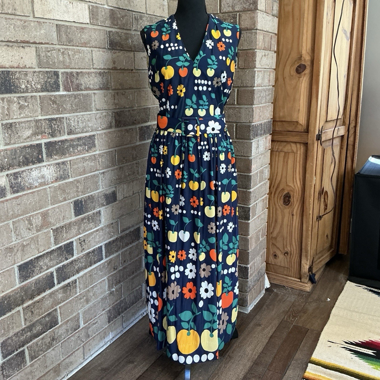 60s VTG Serbin of Florida Muriel Ryan Blue Fruit Floral Maxi Dress Size 10 #48D4