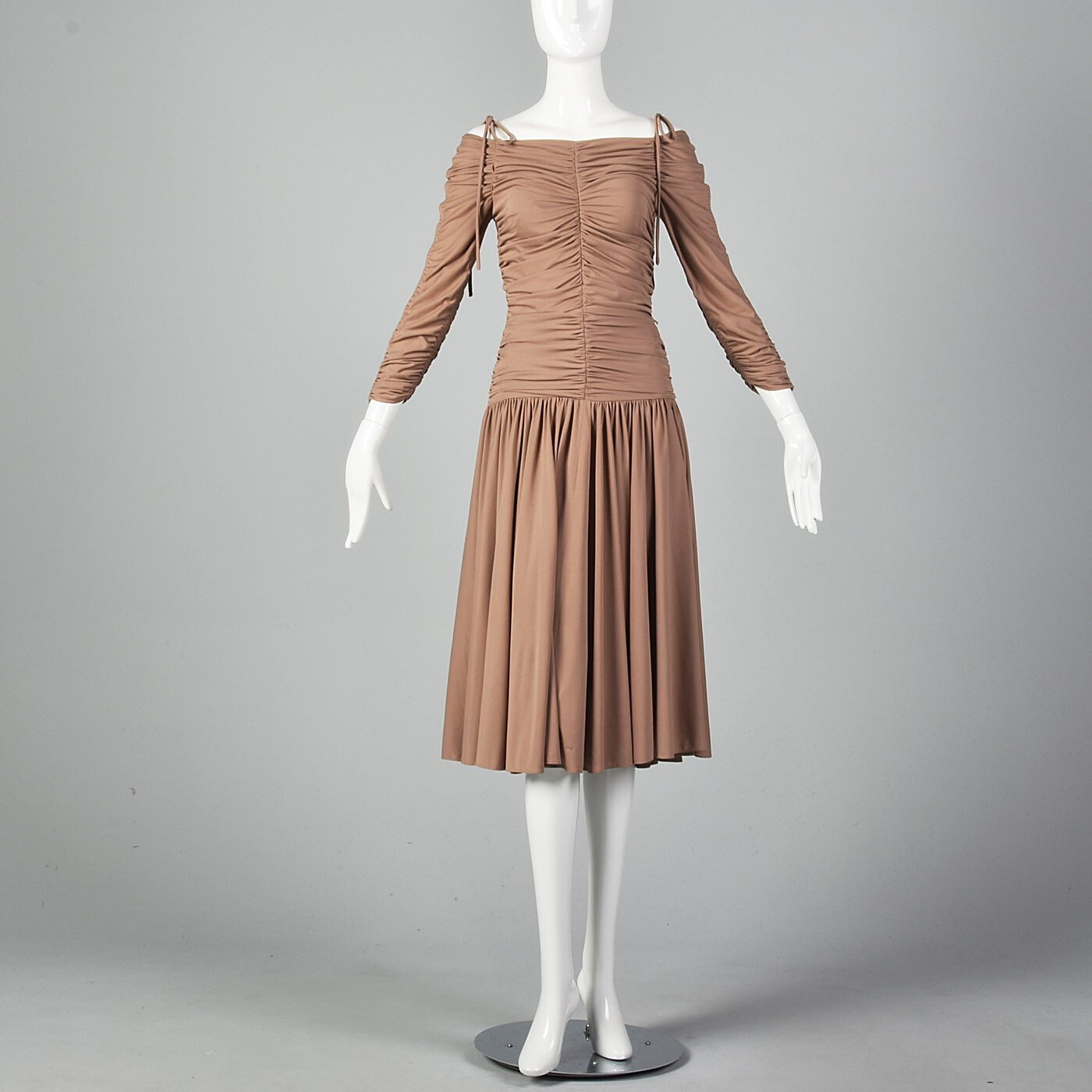 XS Frank Usher Golden Touch 1970s Dress Vintage Off Shoulder 70s Toffee Brown