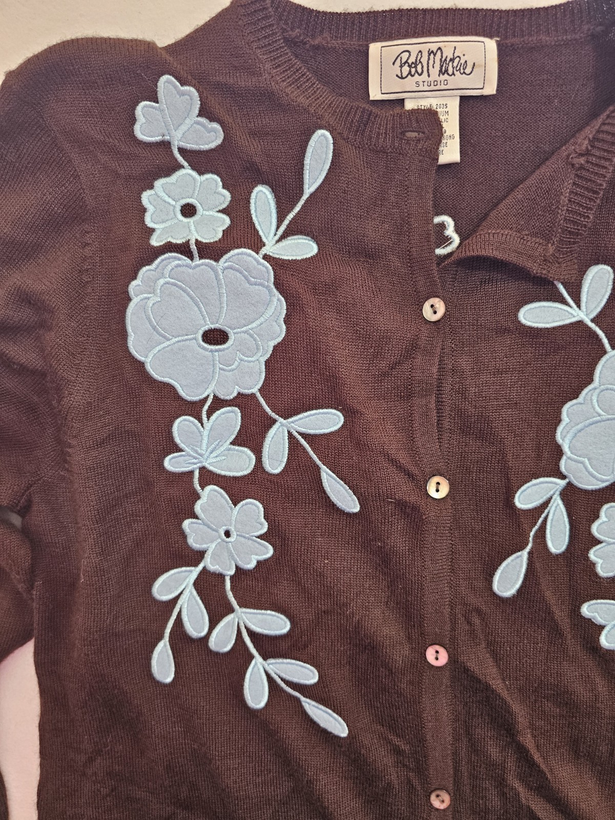 Bob Mackie Wearable Art Vintage Embroidered Cardigan Sweater Brown Size M