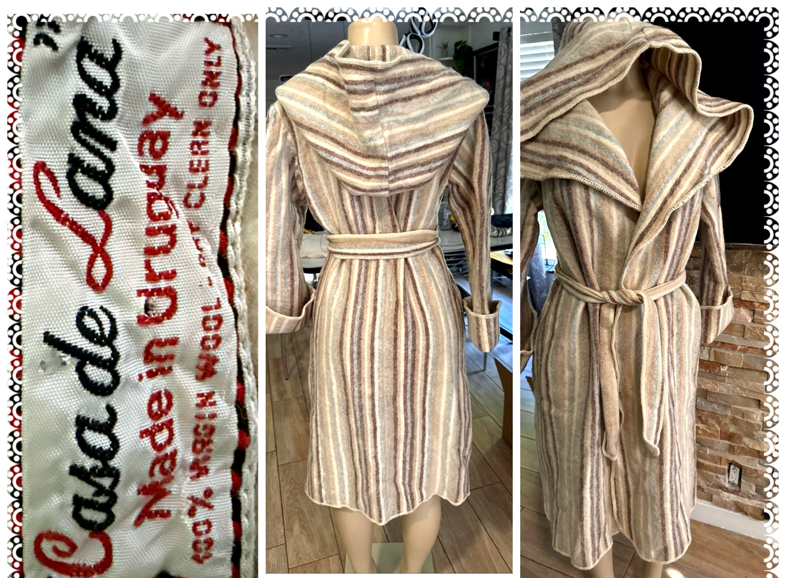 Vintage 70s Casa de Lana Wool Striped Hooded Coat Tie Sz 7 HTF pl