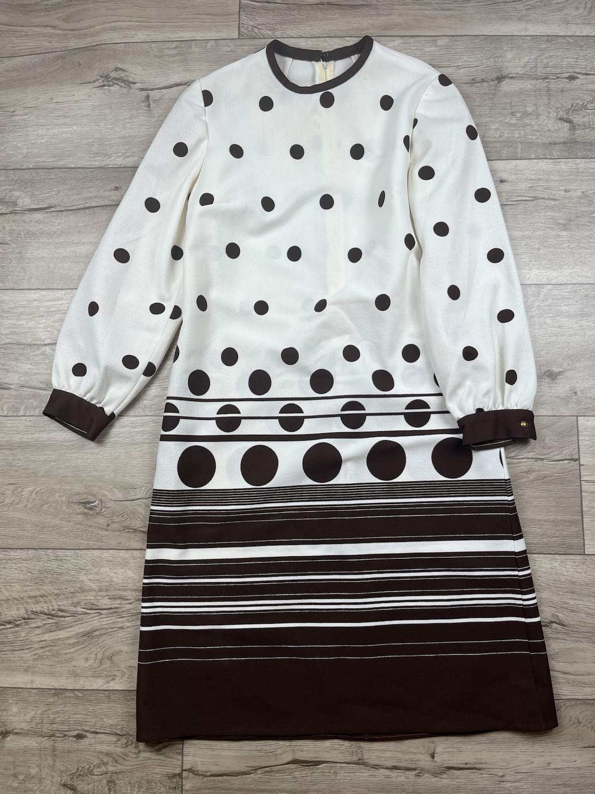 VTG 1960s Mod L’AIGLON Dress Belted Polka Dot Striped Brown White MCM Long Slv