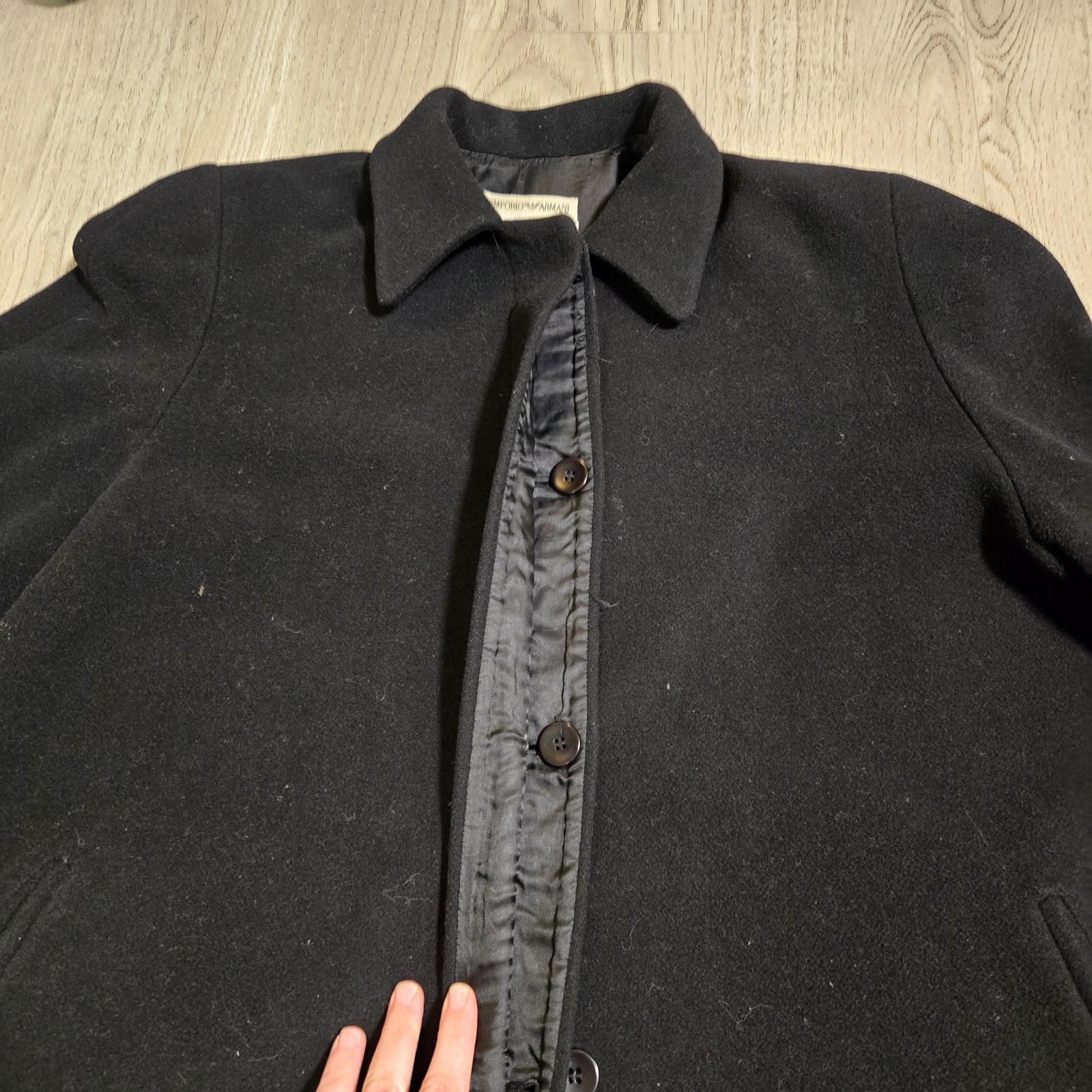 Vintage Emporio Armani Italy Womens 44 Swing Coat Virgin Black Wool Satin Lined