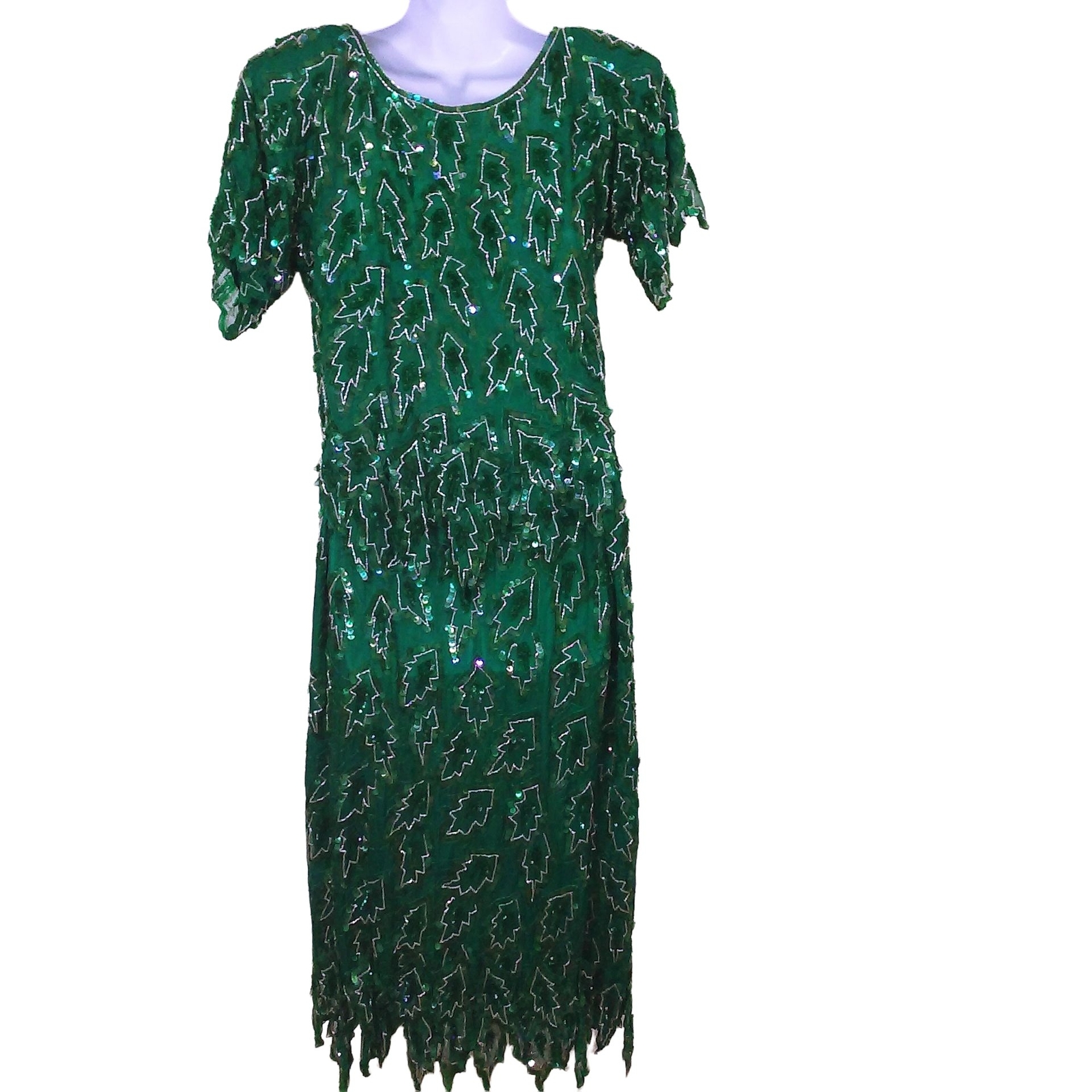 Vintage 80s Scala 2-pc Set Gatsby Silk Sequin Beaded Leafy Blouse Skirt -M Teal